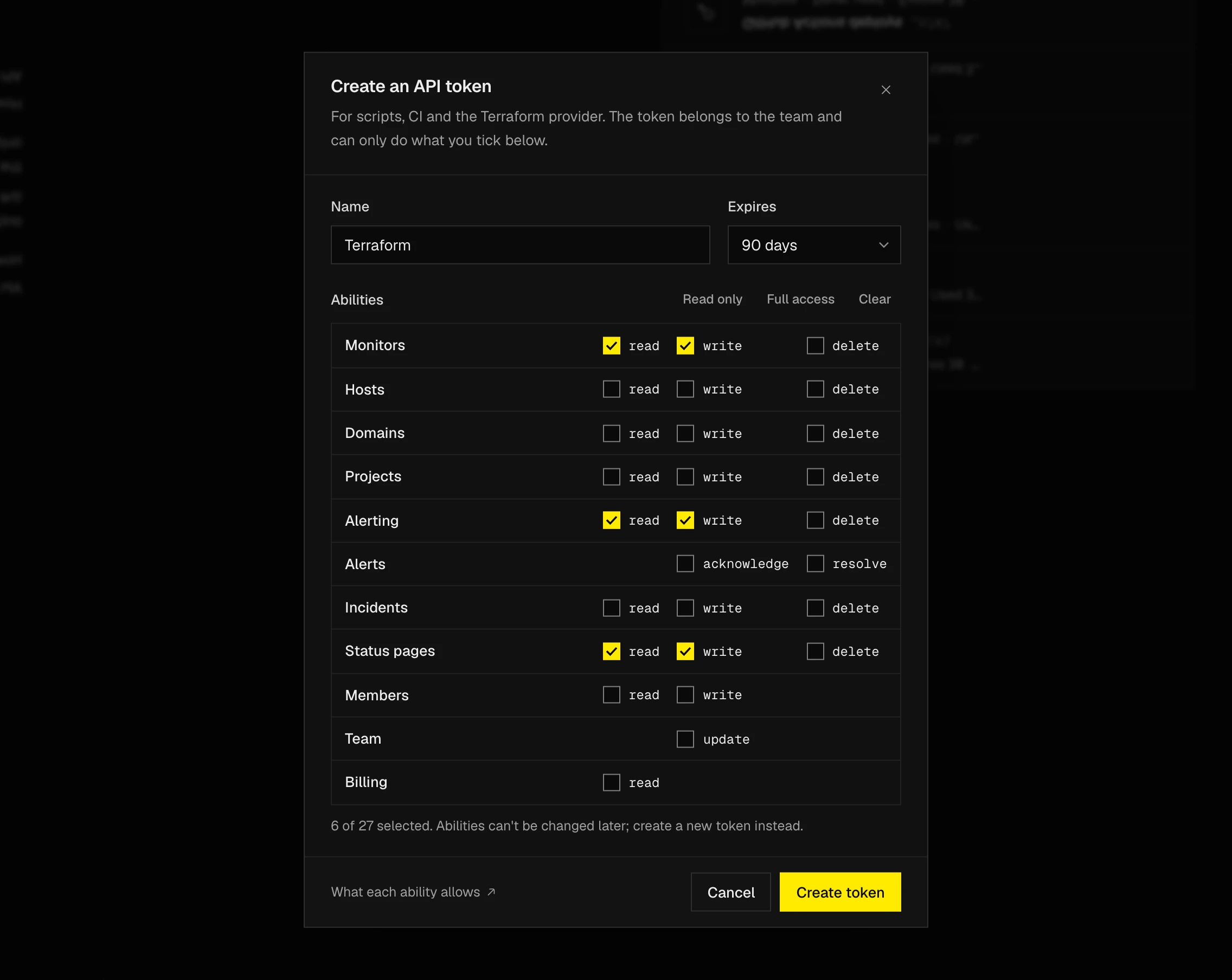 Creating a team API token named Terraform, with read and write abilities for monitors, alerting and status pages, and nothing else.