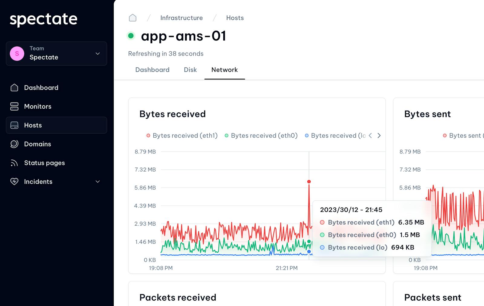 A small screenshot of network metrics of a host in infrastructure monitoring.