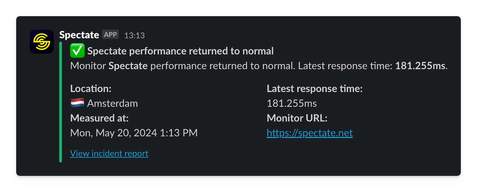 A screenshot showing a Slack message from Spectate.